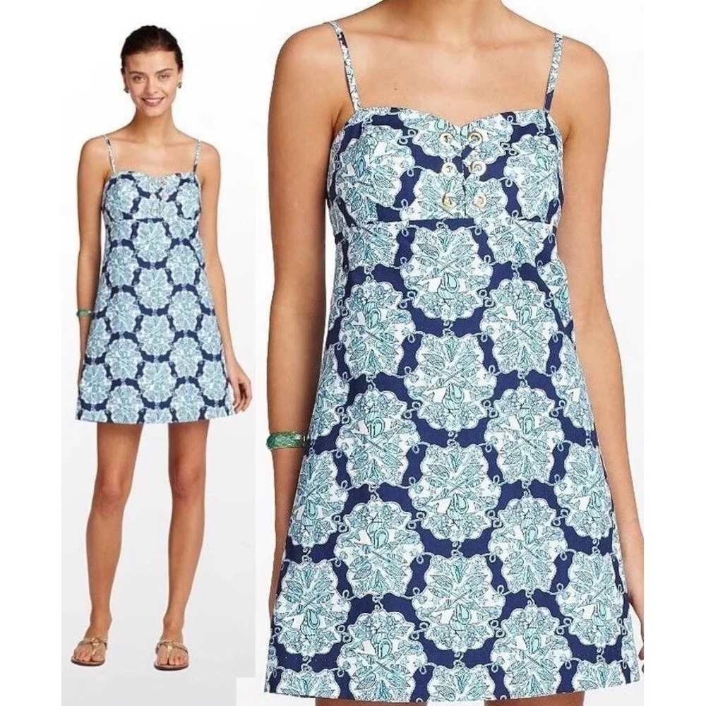 Lilly Pulitzer Rilee Hey Sailor Lace-up Sun Dress 2‎ 0 XS Cotton Shells Smocked
